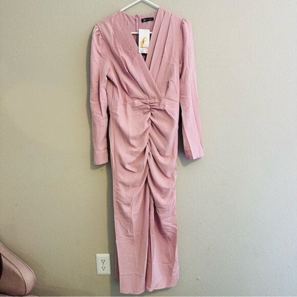 PRETTYGARDEN Long Sleeve Deep V Neck Ruched Slit Maxi Cocktail Dress - Picture 2 of 10